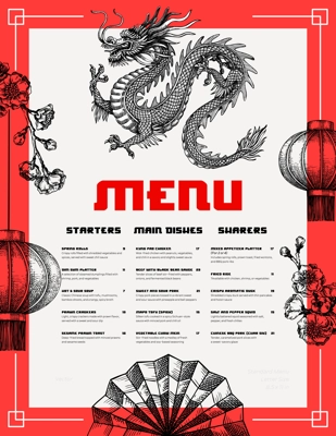 Chinese restaurant menu design template. Fantasy dragon sketch. Hand drawn vector illustration. 